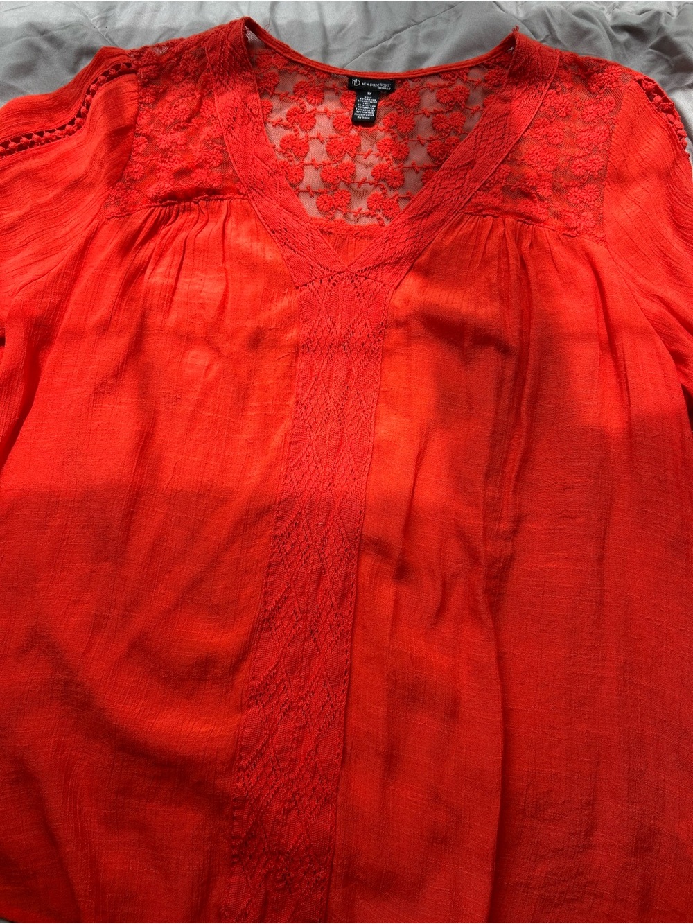 💚3/$25 new directions 1X Bright Orange  Crochet Yoke V-Neck Blouse